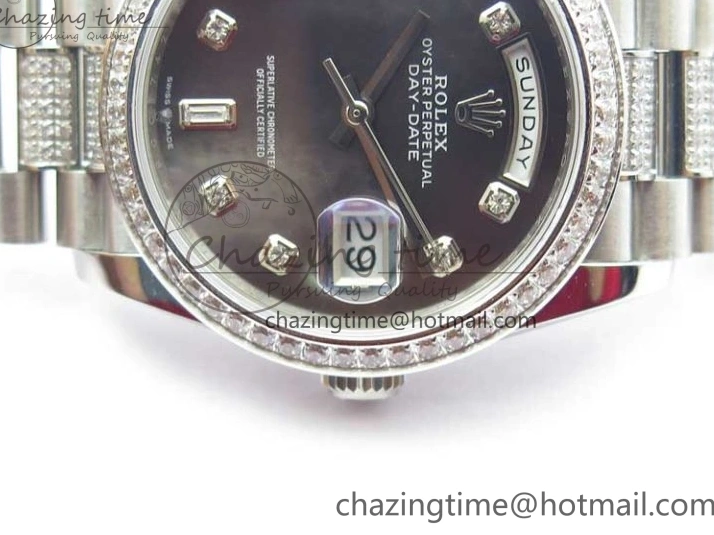 0517 SmoothTexture Day-Date 36mm 128239 SS Crystal BP Best Edition Black MOP Crystal Marker Dial on SS President Bracelet A 2681